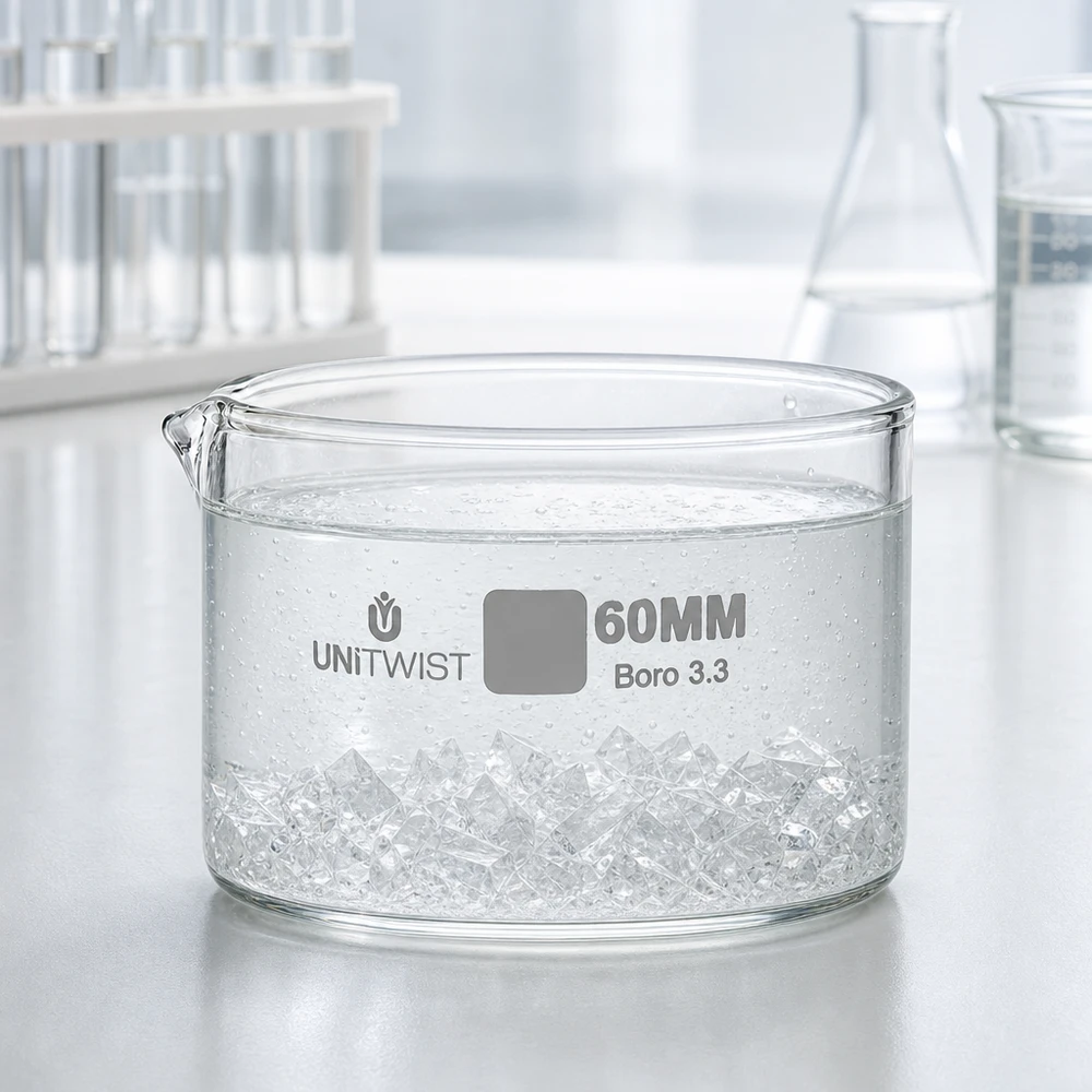 Krystalizační miska ø60 mm z borosilikátového skla UNiTWIST Niedrige zylindrische Verdampfungsschale Glas 60mm für chemische Laboranwendungen