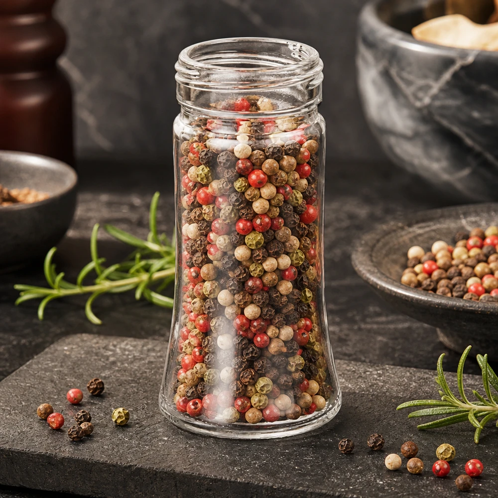 Gewürzaufbewahrung Bobby Glas 95ml mit 41mm Gewinde neben Mörser und Gewürzschalen