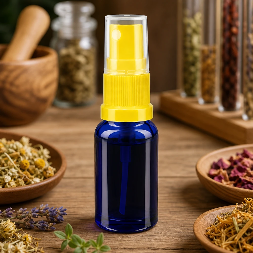 Lékárenská lahvička modrá 10ml s rozprašovačem žlutá Apothekenglas 10ml in Blau mit gelbem Sprühkopf lichtgeschützt für empfindliche Naturprodukte