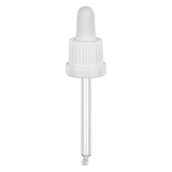 Skleněná kapací pipeta bílá/bílá 18mm PL66 s tamper-evidentním uzávěrem. Skleněná kapací pipeta bílá/bílá 18mm PL66 s tamper-evidentním uzávěrem.