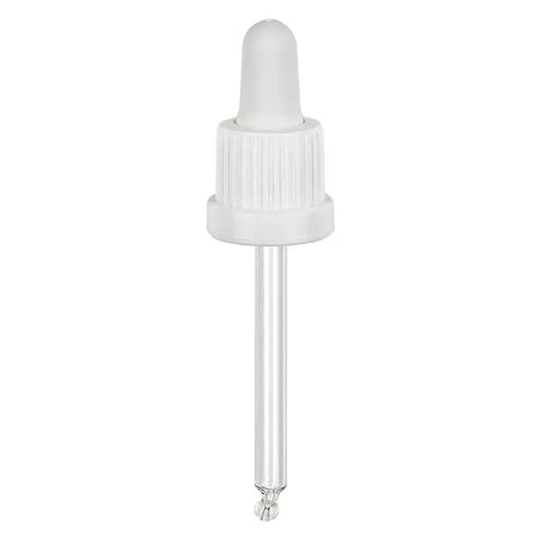Skleněná kapací pipeta bílá/bílá 18mm PL66 s tamper-evidentním uzávěrem. Skleněná kapací pipeta bílá/bílá 18mm PL66 s tamper-evidentním uzávěrem.