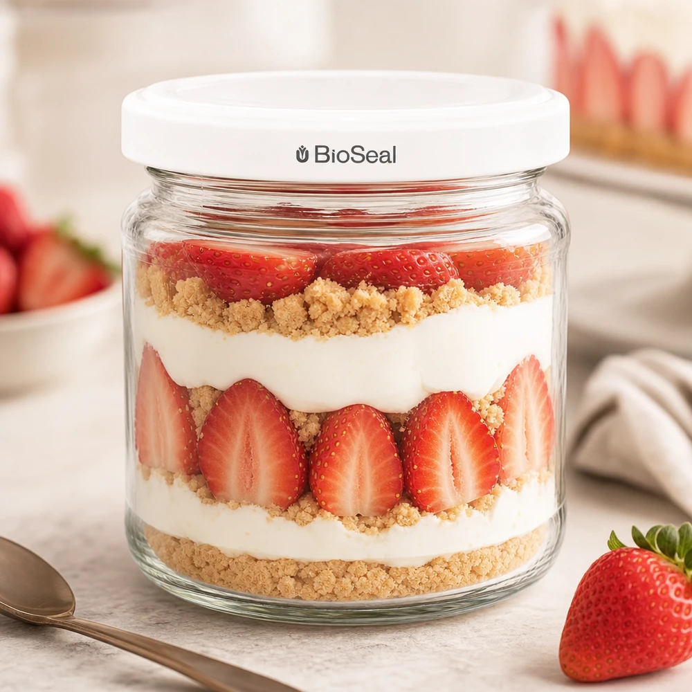 Kulatá sklenice o objemu 212 ml s bílým víčkem BioSeal UNiTWIST UNiTWIST Runda212 Dessertglas mit Erdbeeren Sahne und Streuseln zeigt vielseitige Verwendung des TO66 BioSeal Deckels