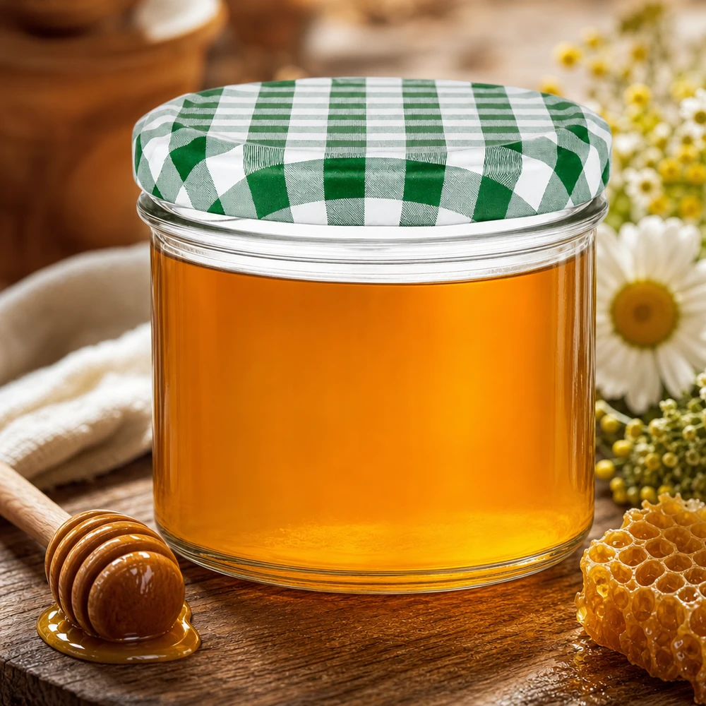 225ml kelímky + víčko BasicSeal zelená/bílá UNiTWIST. 225ml Sturzglas mit grün-weißem Karodeckel gefüllt mit goldenem Honig neben Honiglöffel und Wabenstück