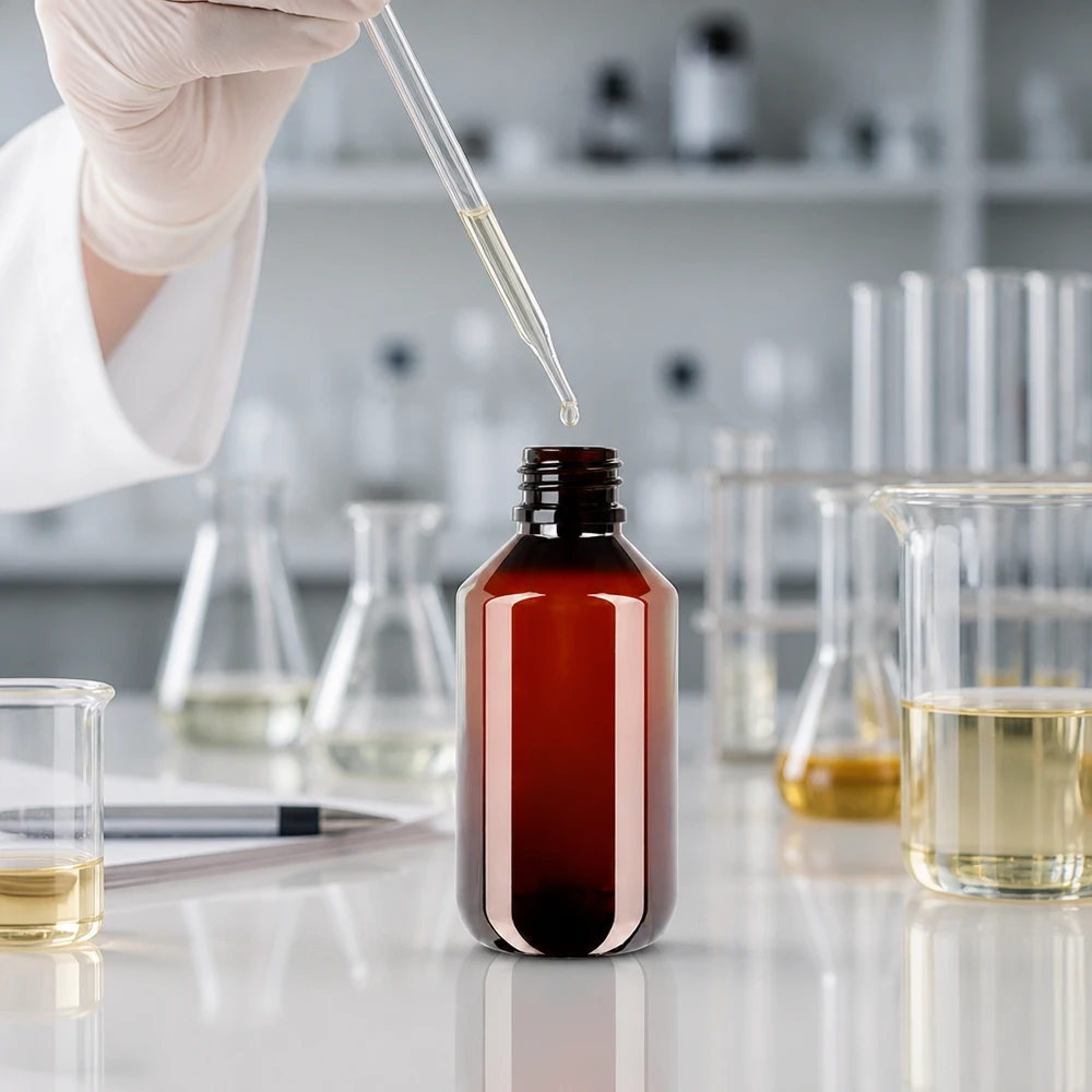 Průhledná hnědá PET láhev o objemu 200 ml s rýhovaným bílým bezpečnostním uzávěrem v laboratorním prostředí