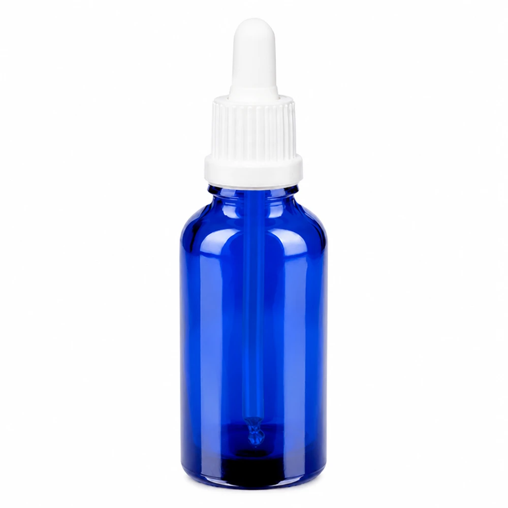 30ml pipetovací láhev bílá s tamper-evidentním uzávěrem BlueLine UT18/30 30ml Tropferflasche cobaltblau Glas weisse Pipettenkappe OV BlueLine UT18 Dosierung