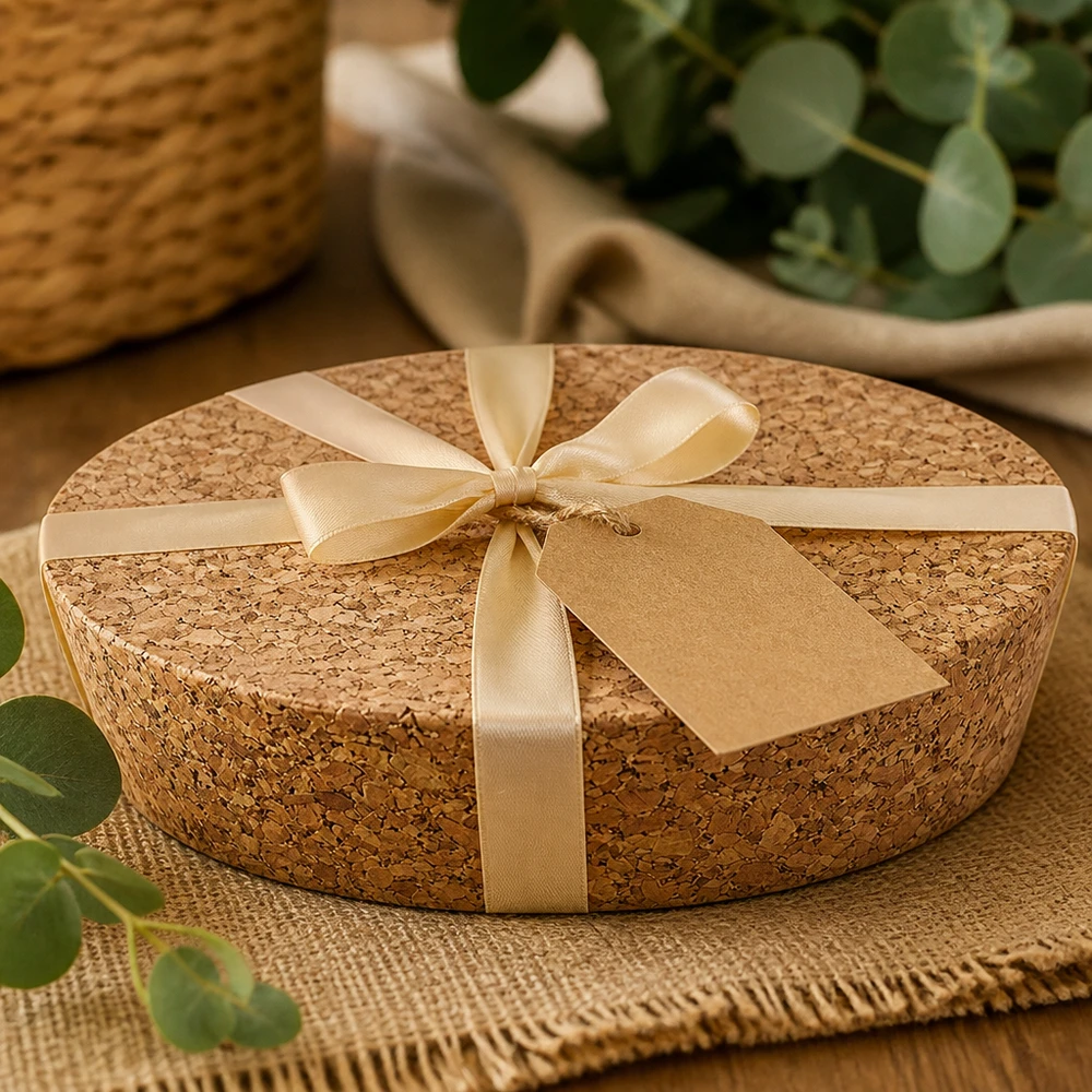 Korek pro 75mm otvor WECK RR80 (ø72/82, H=20mm). WECK RR80 Korken Naturkork als Geschenk verpackt mit goldener Schleife Anhänger nachhaltige Verpackung Präsent