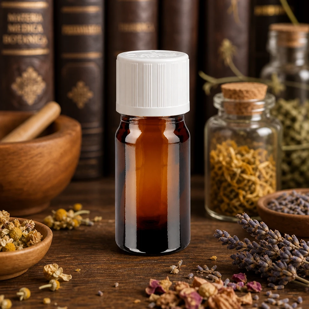 Lékárenská lahvička hnědá 5ml šroubovací uzávěr bílý standard odolný proti otevření dětmi. Dunkle 5ml Flasche Apothekerglas weißer KiSi Deckel auf rustikalem Holztisch mit Kräutern