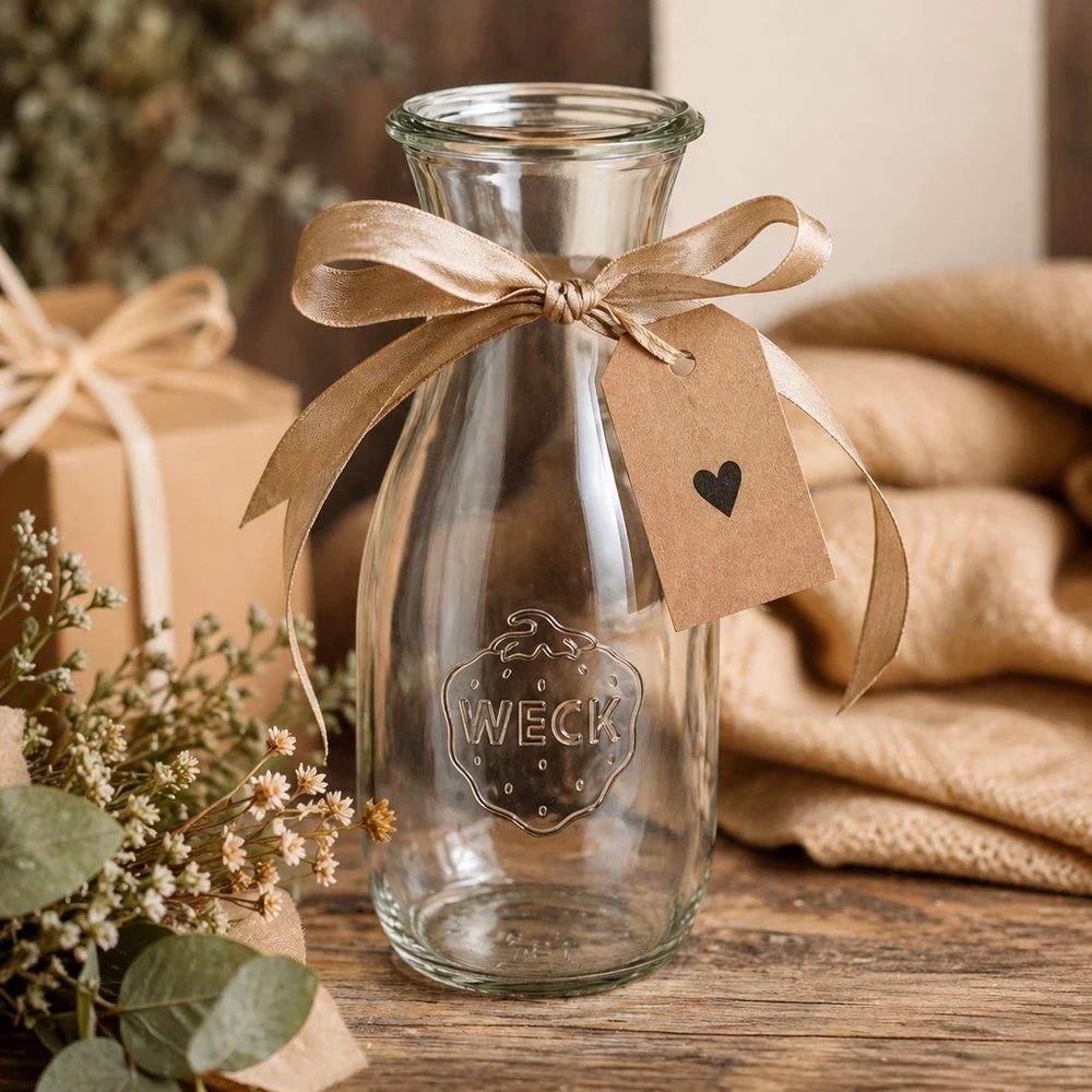 530ml láhev na džus WECK RR60 s dřevěným dřevem WECK Glasflasche 530ml RR60 dekorativ mit brauner Schleife und Geschenkanhänger auf Holztisch mit Blumen