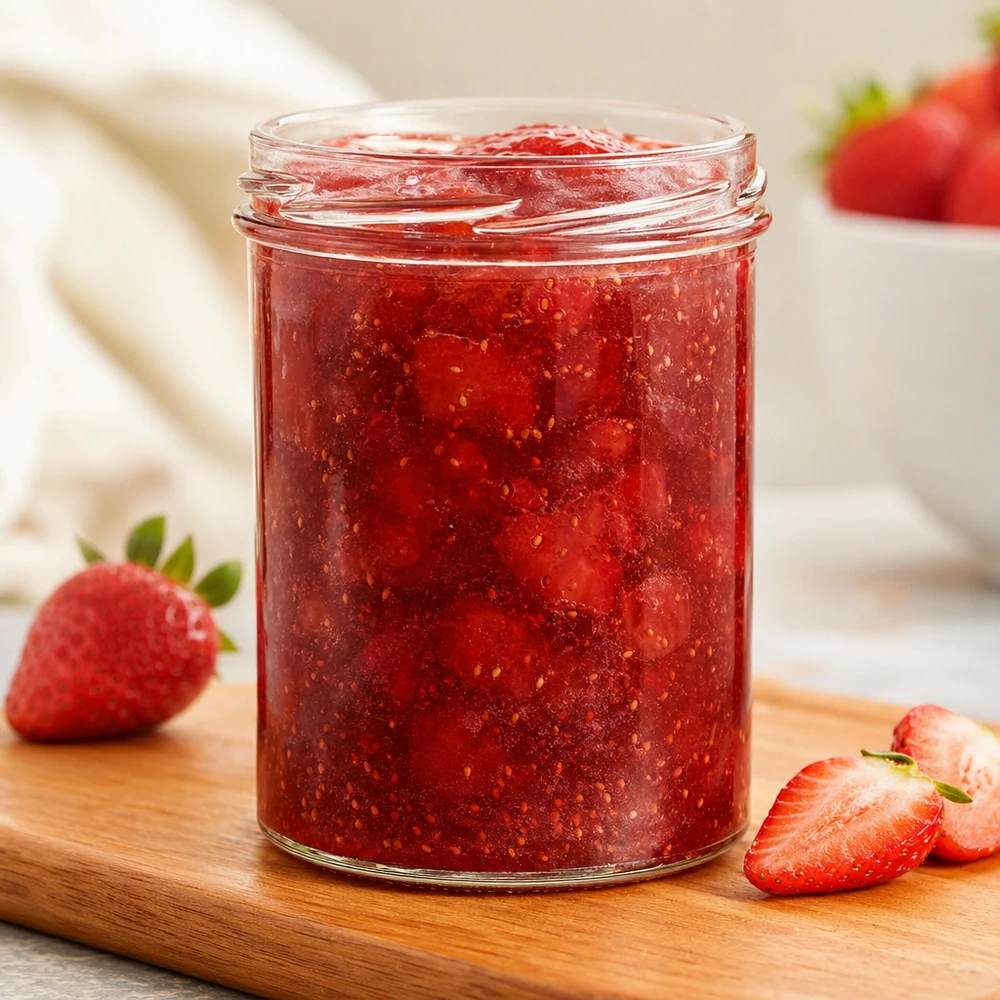 Tumbler o objemu 435 ml bez víčka (TO82) UNiTWIST UNiTWIST Sturz435 Sturzglas 435ml gefüllt mit selbstgemachter Erdbeermarmelade TO82 Gewinde auf Schneidebrett