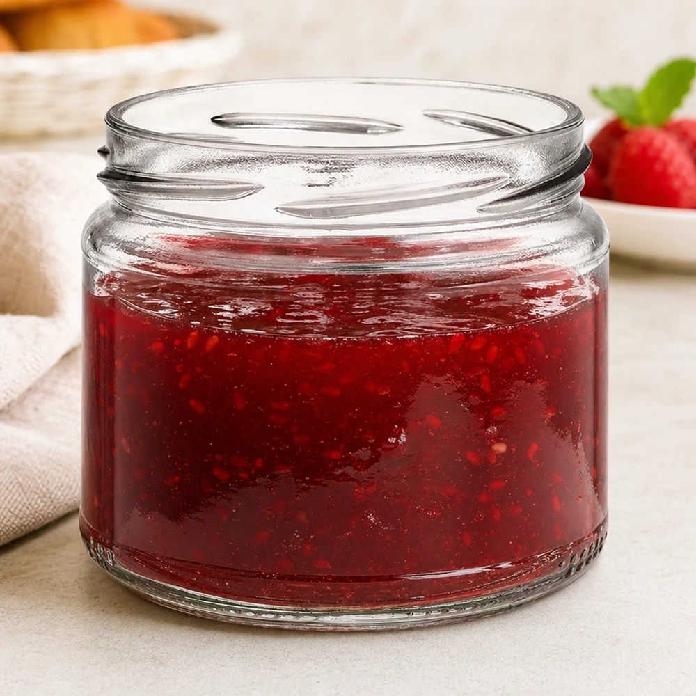 Kulatá sklenice o objemu 330 ml bez víčka (TO82) UNiTWIST UNiTWIST Runda330 Rundglas mit roter Marmelade Konfitüre gefüllt Erdbeermarmelade im Hintergrund Frühstückstisch