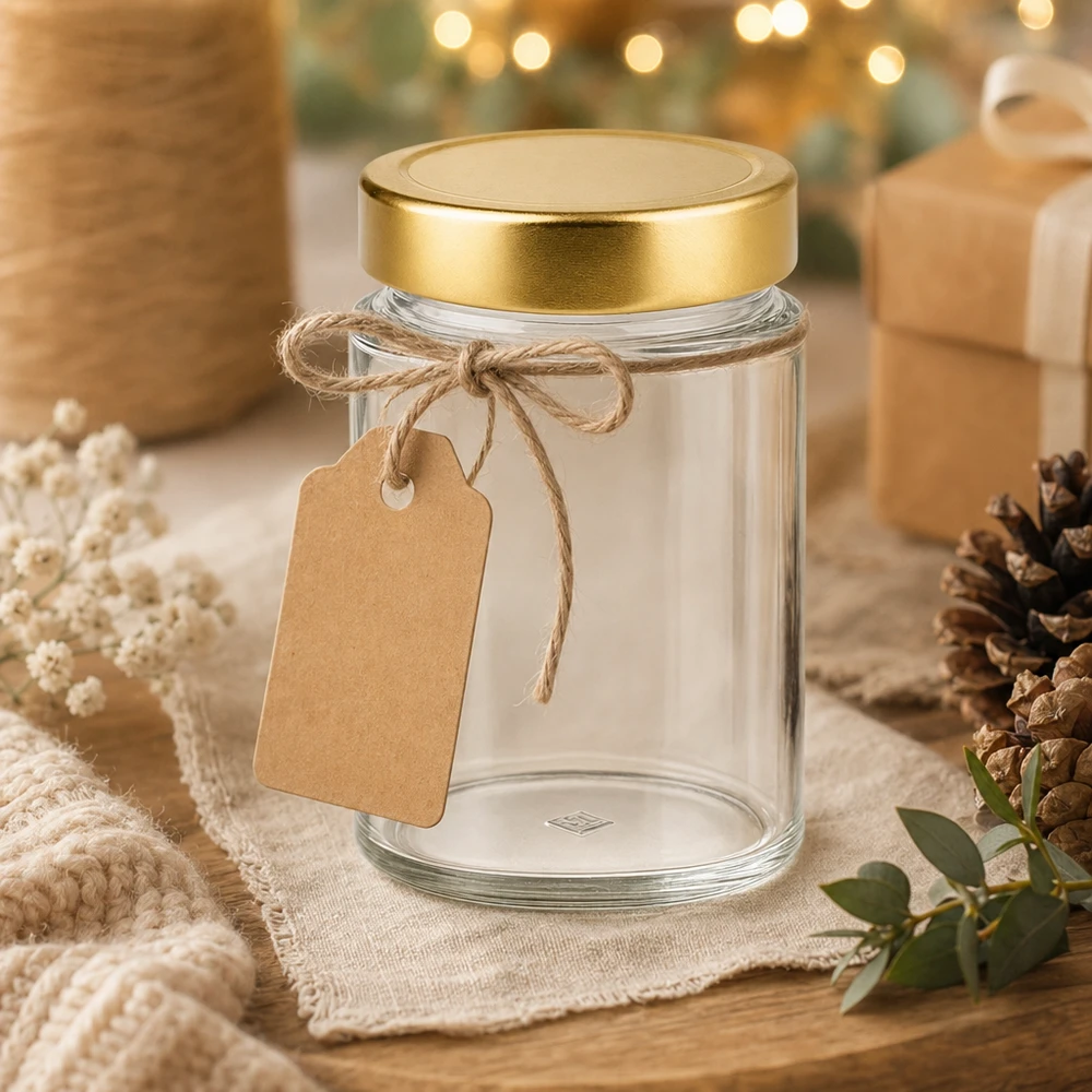 202ml kulatá zavařovací sklenice s víčkem BasicSeal zlatá hluboká UNiTWIST. 202ml Rundglas mit goldenem Deckel als Geschenkverpackung - dekoratives Glas mit Anhänger für DIY-Geschenke