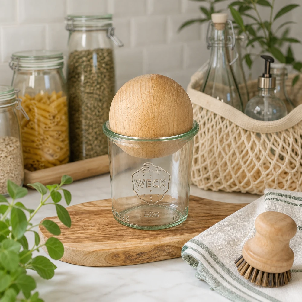 140ml kelímky WECK RR60 s dřevěnou kuličkou buk WECK Sturzglas 140ml RR60 mit Holzkugel aus Buche in nachhaltiger Küche, umgeben von Vorratsglasern und natürlichen Mate
