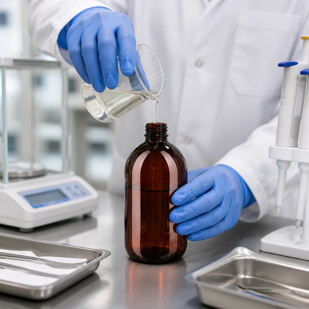 Sterile Abfüllung einer transparenten Lösung in braune 250ml PET Flasche im Reinraumlabor
