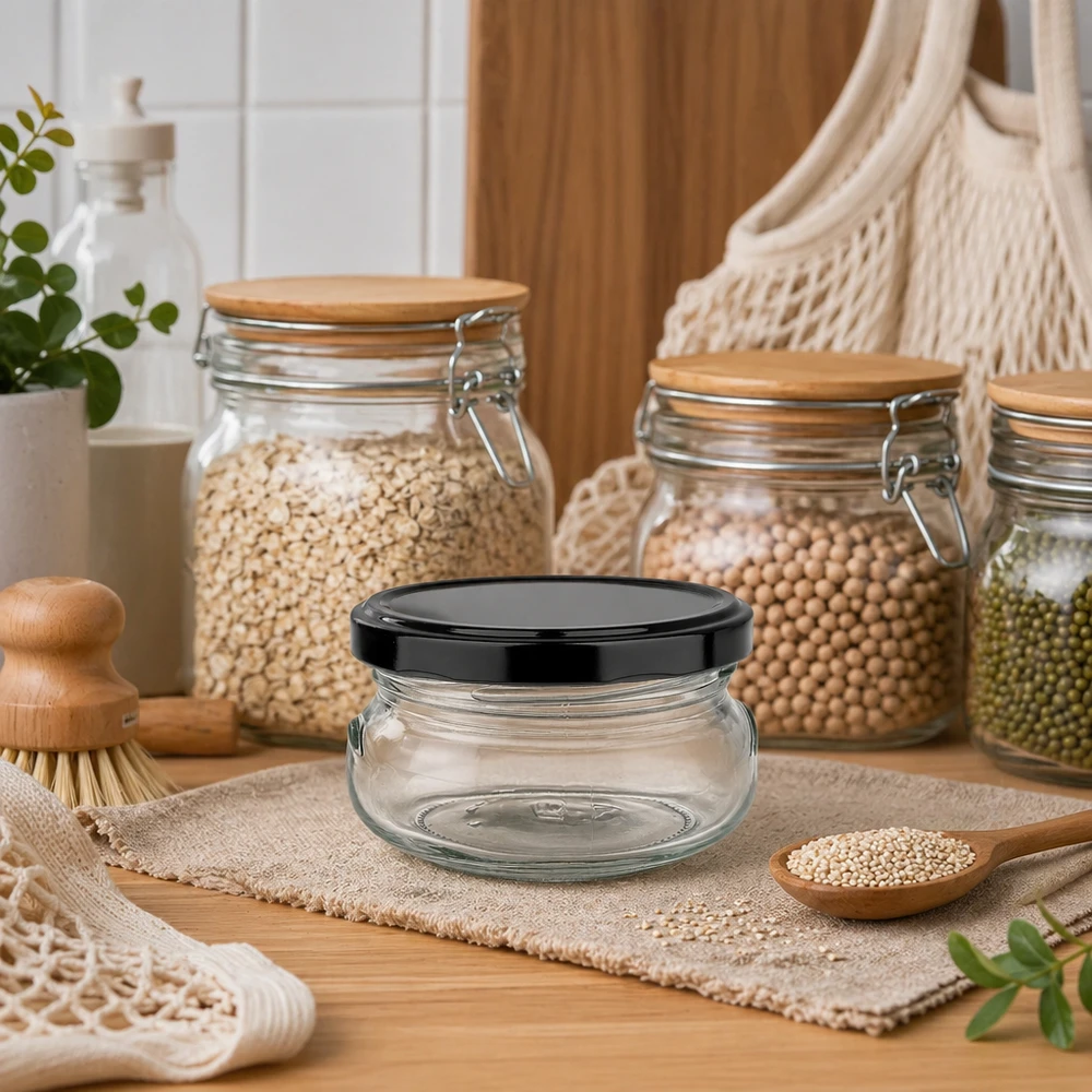 120ml Terrinenglas mit schwarzem Deckel in nachhaltiger Küche, umgeben von Vorratsgläsern und Naturmaterialien