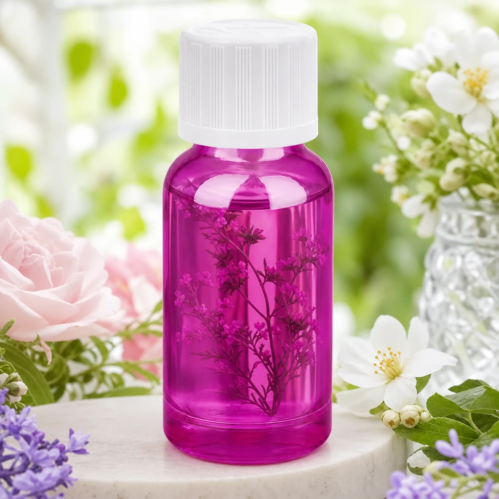 Dekorative 20ml Tropfflasche in leuchtendem Lila mit getrockneten Blüten für ätherische Ölmischungen