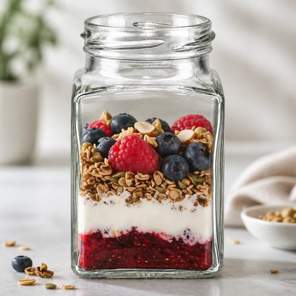 Tetra sklenice 260ml bez víčka (TO58) UNiTWIST UNiTWIST Tetra260 4-Eckglas 260ml TO58 mit Müsli Beeren und Joghurt als Dessert im Glas auf Küchentheke