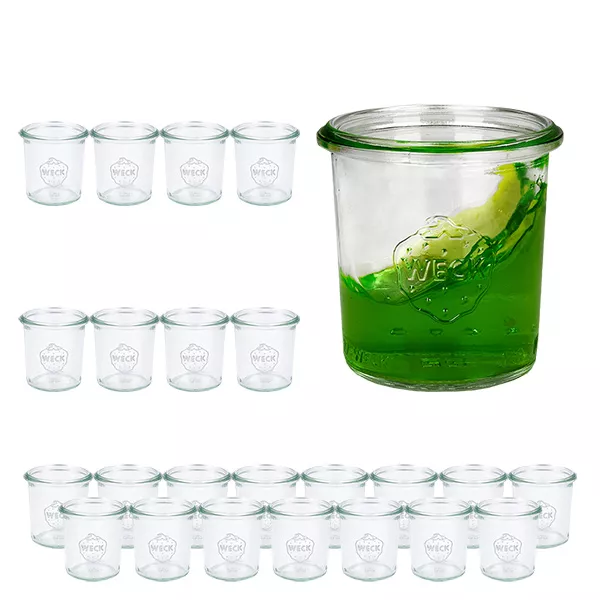 Sada 24 sklenic Weck o objemu 140 ml se skleněným víčkem. Sada 24 sklenic Weck o objemu 140 ml se skleněným víčkem.