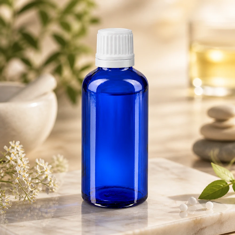 Lékárenská láhev modrá 50ml šroubovací uzávěr bílý s ochranným uzávěrem. Hochwertige kobaltblaue 50ml ApoGlas-Flasche mit weißem SV für ätherische Öle