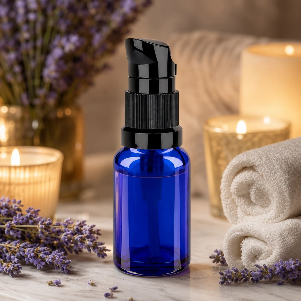 10ml lahvička s pumpičkou černá standardní uzávěr BlueLine UT18/10 Professionelle 10ml Pumpflasche mit kontrollierter Abgabe für Hautpflege BlueLine UT18/10