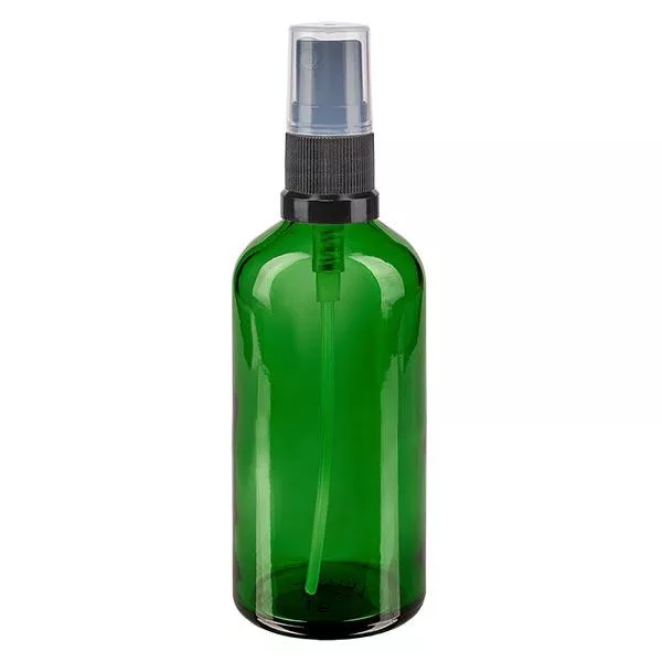 Lékárenská láhev zelená 100ml stříkací nástavec černý Lékárenská láhev zelená 100ml stříkací nástavec černý