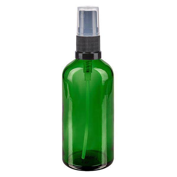Lékárenská láhev zelená 100ml stříkací nástavec černý Lékárenská láhev zelená 100ml stříkací nástavec černý