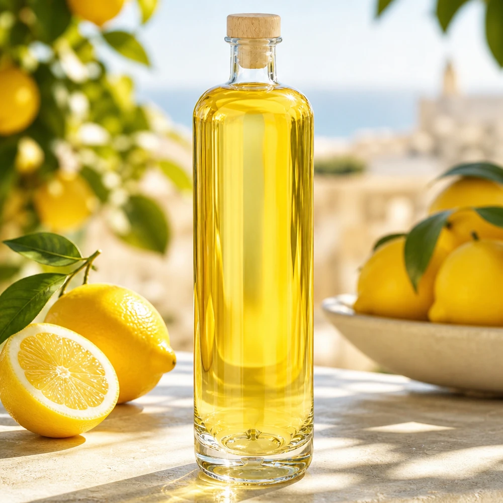 700ml Glasflasche Ella mit gelbem Inhalt und Holzkorken in mediterraner Zitronen-Umgebung auf Holztisch