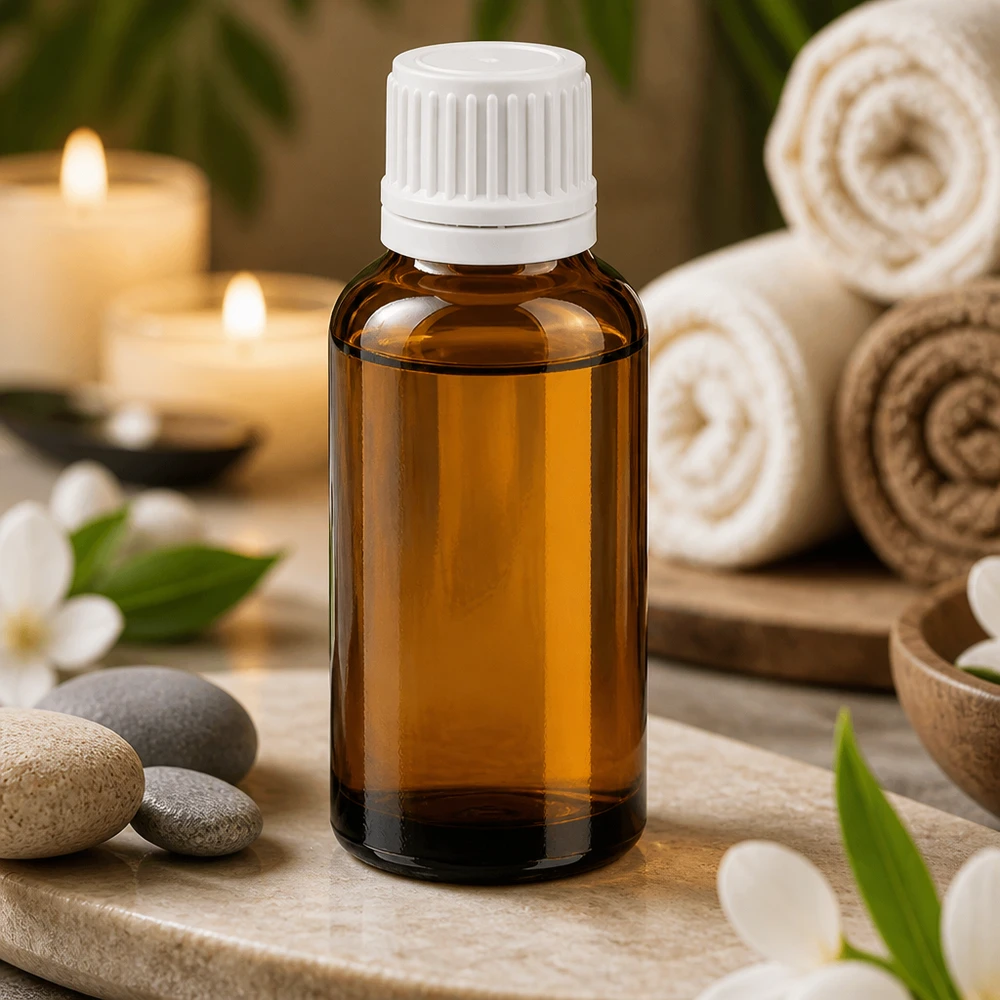 30ml láhev 11mm šroubovací uzávěr bílý tamper evidentní uzávěr BrownLine UT18/30 Robuste 30ml BrownLine Glasflasche mit weißem Kinderschutzverschluss für therapeutische Anwendungen