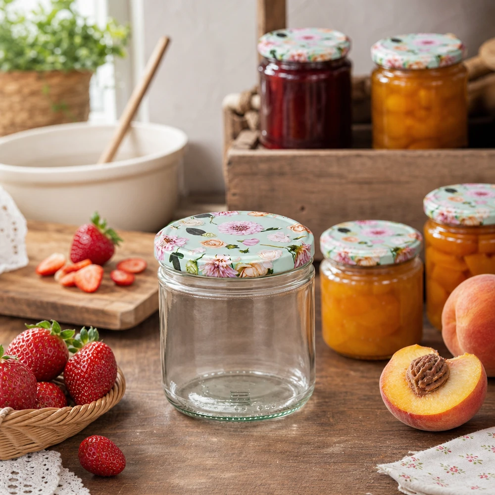 230ml Zylinderglas BasicSeal Deckel Blume mint in Küchenszene mit frischen Früchten und selbstgemachten Marmeladen