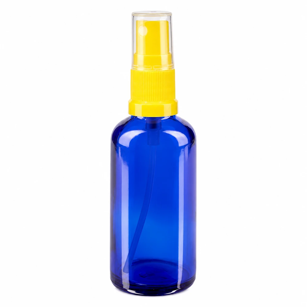 Zylindrische blaue 50ml Glasflasche mit Feinstsprüher gelb transparent ApoGlas