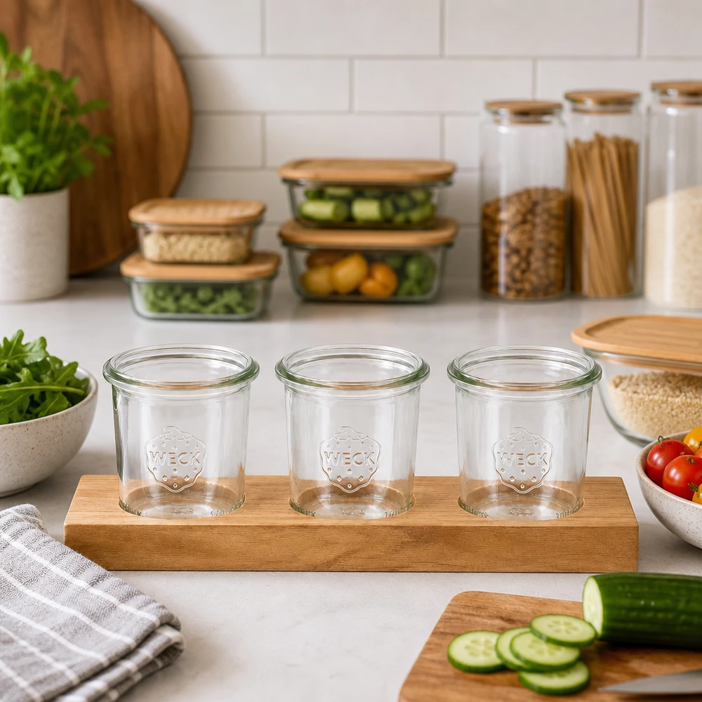 Servírovací prkénko Plano3 se 3 tumblery Weck 140ml Servierbrett Plano3 mit leeren WECK Gläsern 140ml in moderner Küche neben Gemüse und Aufbewahrungsdosen