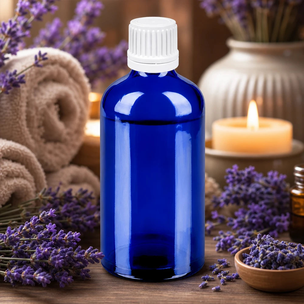 100ml láhev 11mm šroubovací uzávěr bílý tamper evidentní uzávěr BlueLine UT18/100 100ml BlueLine Glasflasche mit weißem Schraubdeckel perfekt für Lavendel und ätherische Öle