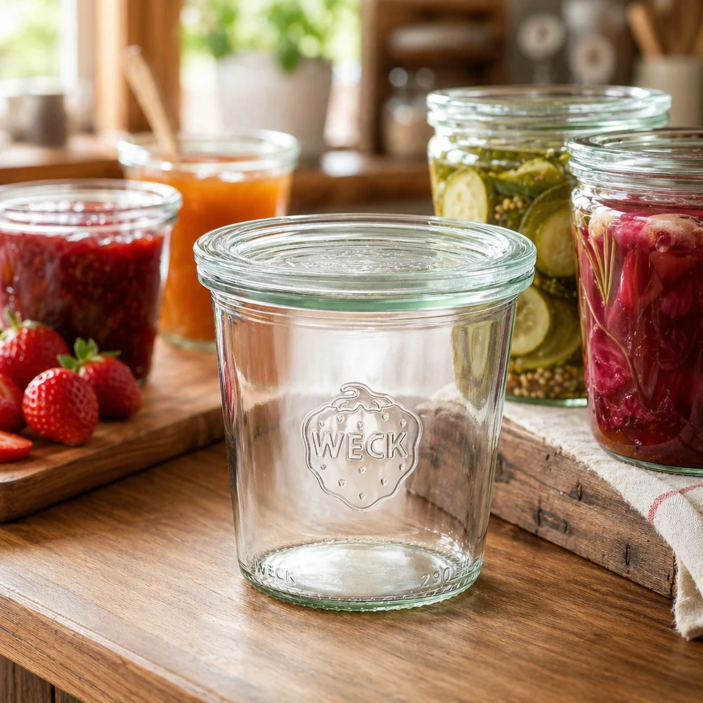 WECK Einmachglas 290ml in Küche mit bunten Marmeladen und Konserven als Anwendungsbeispiel für Aufbewahrung