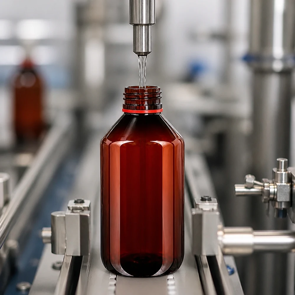 Automatická plnicí linka plní hnědou PET láhev o objemu 500 ml s červeným bezpečnostním uzávěrem
