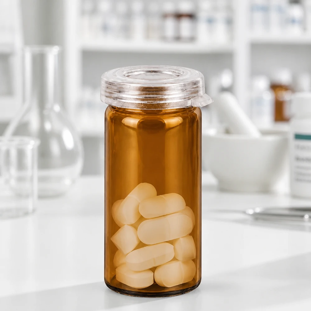 Stolní/rolovací nádobka s okrajem 5 ml čirá s nacvakávacím víčkem Kleines Apothekenglas 5ml mit hermetischem Schnappdeckel und weißen Tabletten gefüllt
