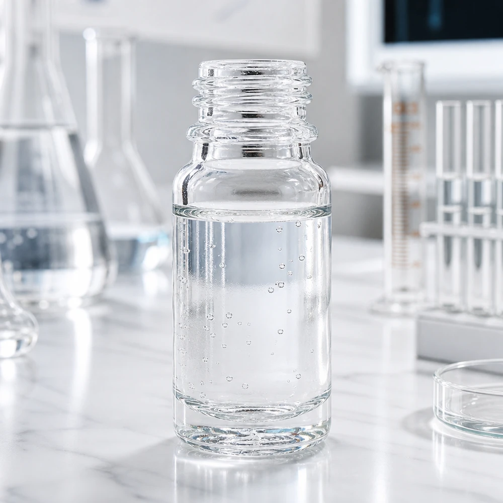 10ml lékárenská láhev ClearLine UT18/10 UNiTWIST 10ml Apothekenflasche ClearLine UNiTWIST mit transparentem Flüssigkeitsinhalt und Blasenbildung