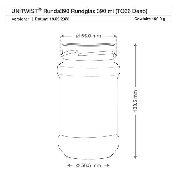Kulatá sklenice bez víčka o objemu 390 ml (TO66deep) UNiTWIST Technische Zeichnung UNiTWIST Runda390 Rundglas 390ml TO66 Deep mit Maßangaben 65mm Durchmesser 130,5mm Höhe