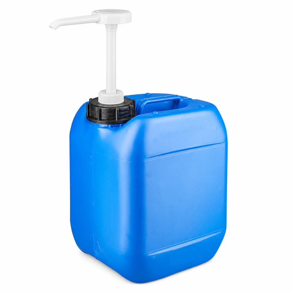 Blauer Industriekanister 5 Liter mit schwarzem Schraubverschluss und weißer Pumpe