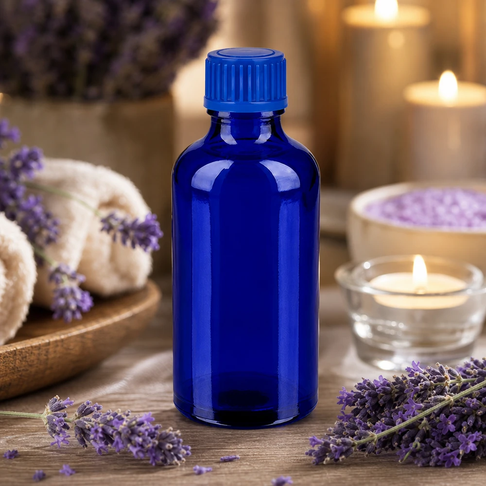 50ml lahvička 11mm se šroubovacím uzávěrem modrá Standard BlueLine UT18/50 Professionelle 50ml blaue Glasflasche mit 11mm SV für sichere Aufbewahrung von Ölen