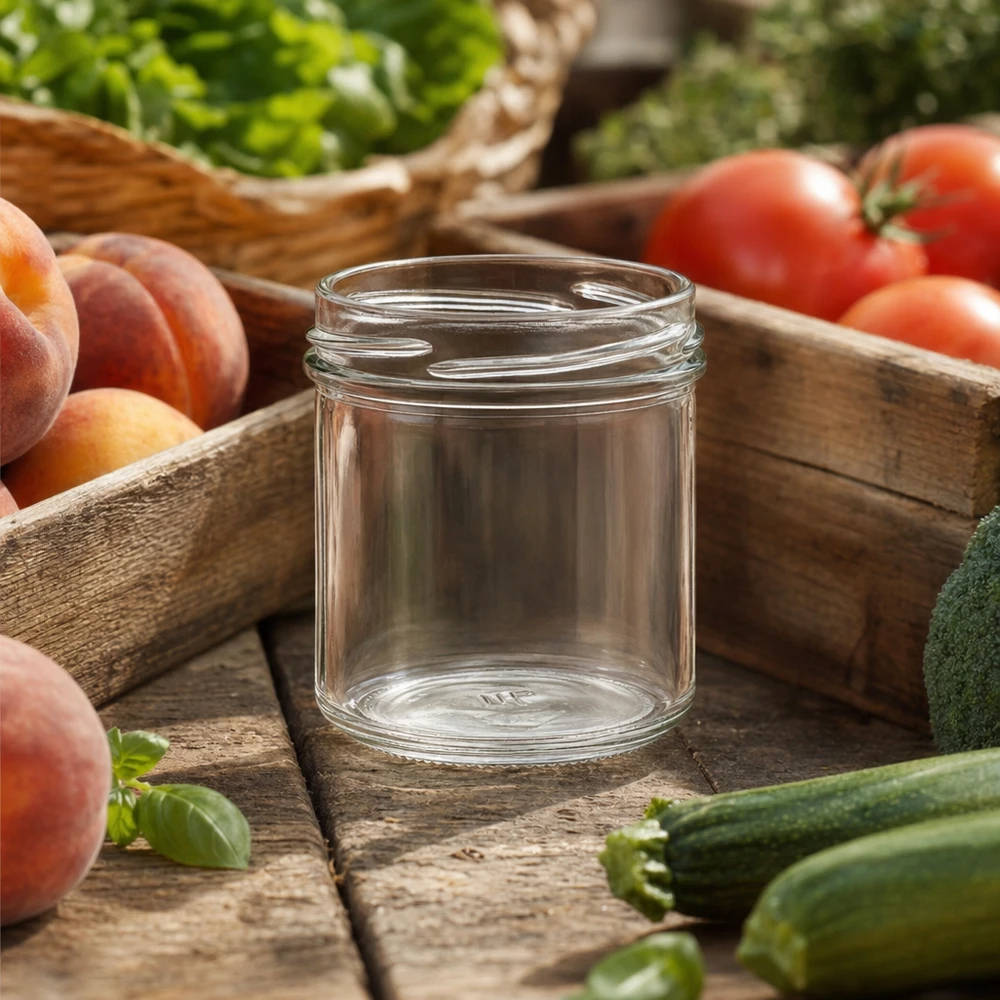 Tumbler o objemu 167 ml bez víčka (TO66) UNiTWIST Leeres UNiTWIST Sturzglas 167ml TO66 auf Holztisch mit frischen Tomaten Pfirsichen und Gemüse für Einmachen