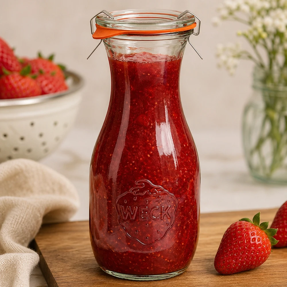 WECK 530ml Saftflasche mit Erdbeermarmelade gefüllt zeigt praktische Anwendung des RR60 Einmachglases