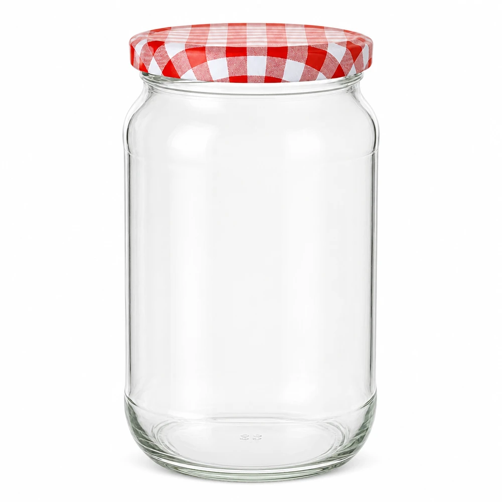 1062ml Rundglas mit rot-weiß kariertem BasicSeal Deckel leer auf weißem Hintergrund Einmachglas Vorratsglas