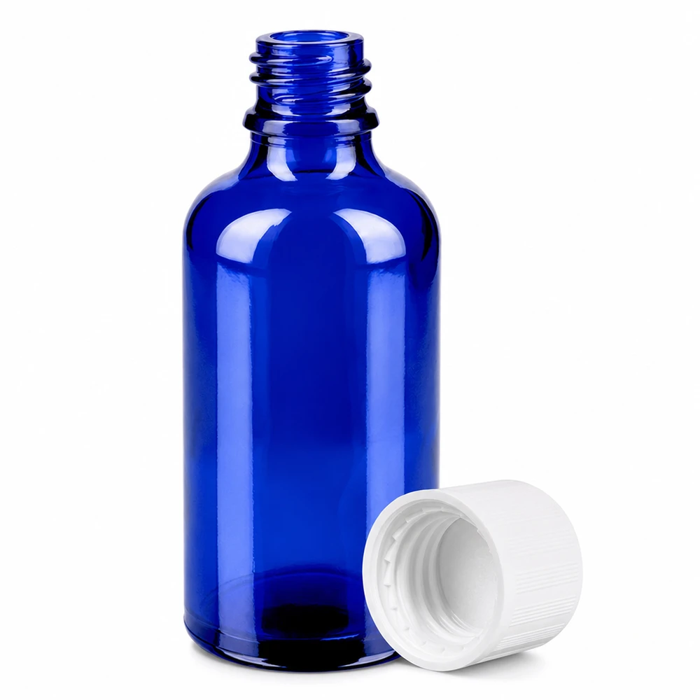 50ml láhev 11mm šroubovací uzávěr bílý standardní odolný proti otevření dětmi BlueLine UT18/50 Blaue Medizinflasche 50ml mit kindersicherem Verschluss für professionelle Anwendung