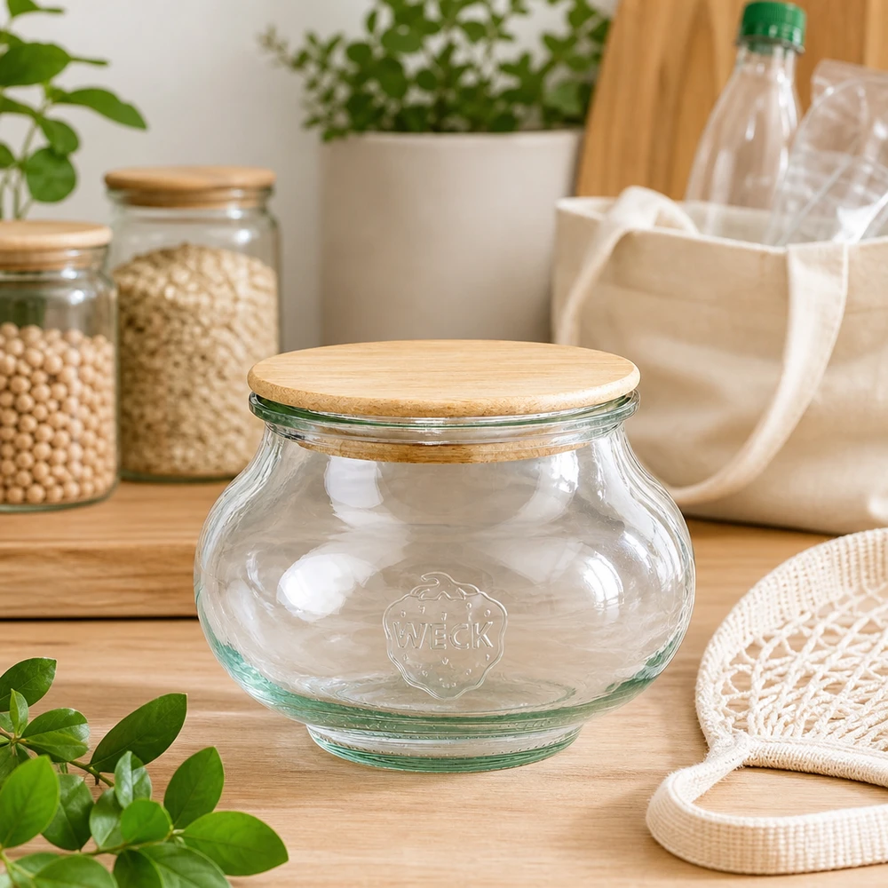 WECK Schmuckglas 560ml RR80 leeres Vorratsglas mit Holzdeckel in nachhaltiger Zero-Waste Küche mit Jutebeuteln