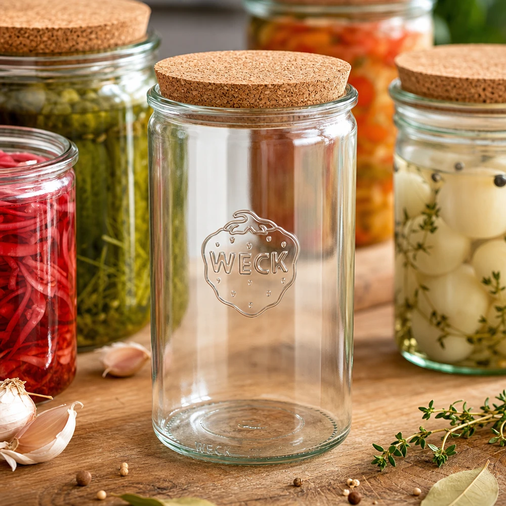 WECK Zylinderglas 1590ml RR100 leer mit Korken zwischen gefüllten Einmachgläsern Küchenszenerie Holztisch