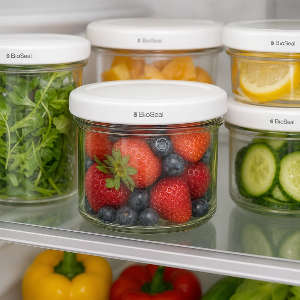 Tumbler o objemu 125 ml s bílým víčkem BioSeal UNiTWIST UNiTWIST Sturzgläser 125ml Kühlschrank Aufbewahrung frische Lebensmittel Obst Gemüse TO66 BioSeal Deckel Set