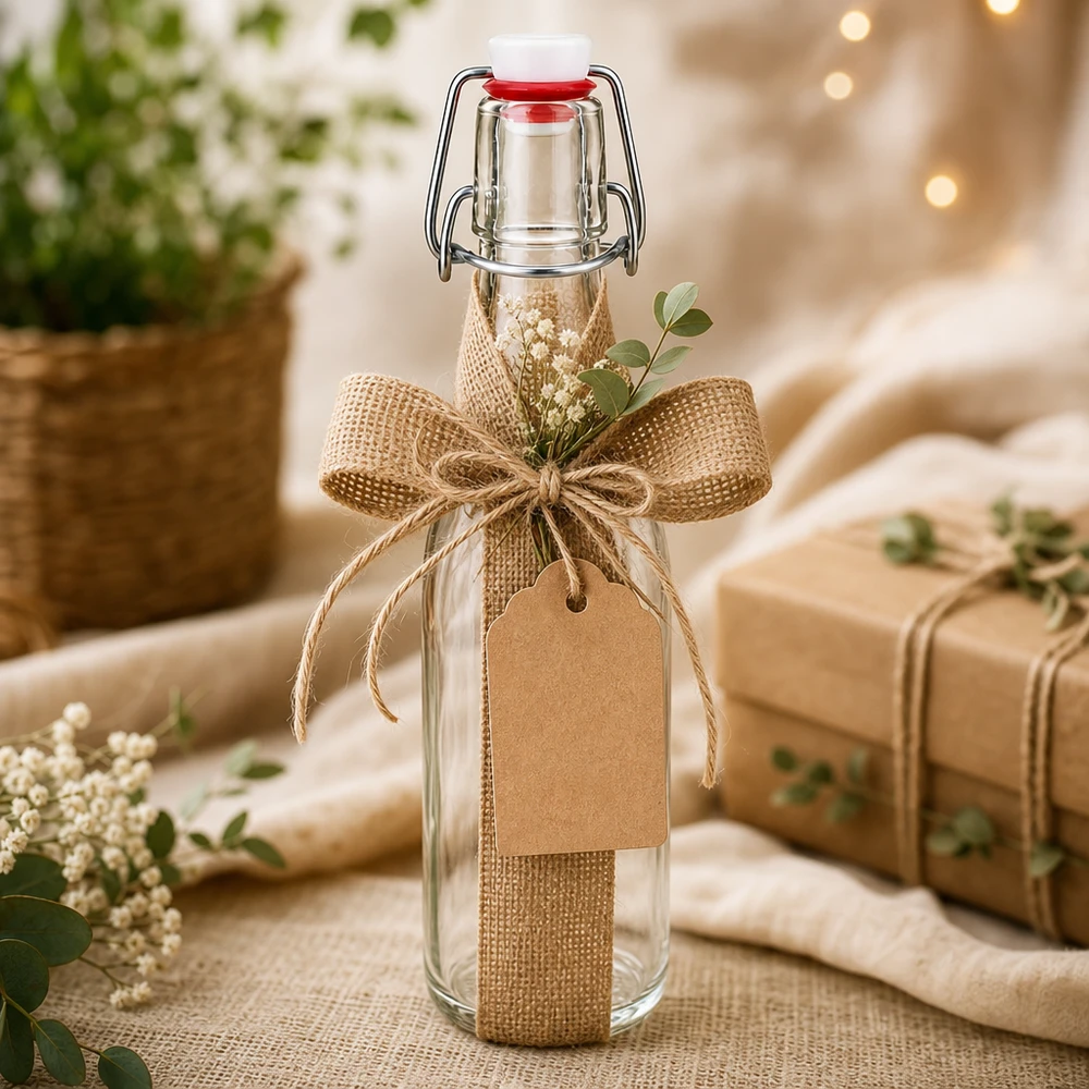 250ml skleněná láhev + otočný vršek z porcelánu UNiTWIST 250ml Glasflasche mit Bügelverschluss als Geschenk dekoriert mit Juteschleife, Anhänger und getrockneten Blumen