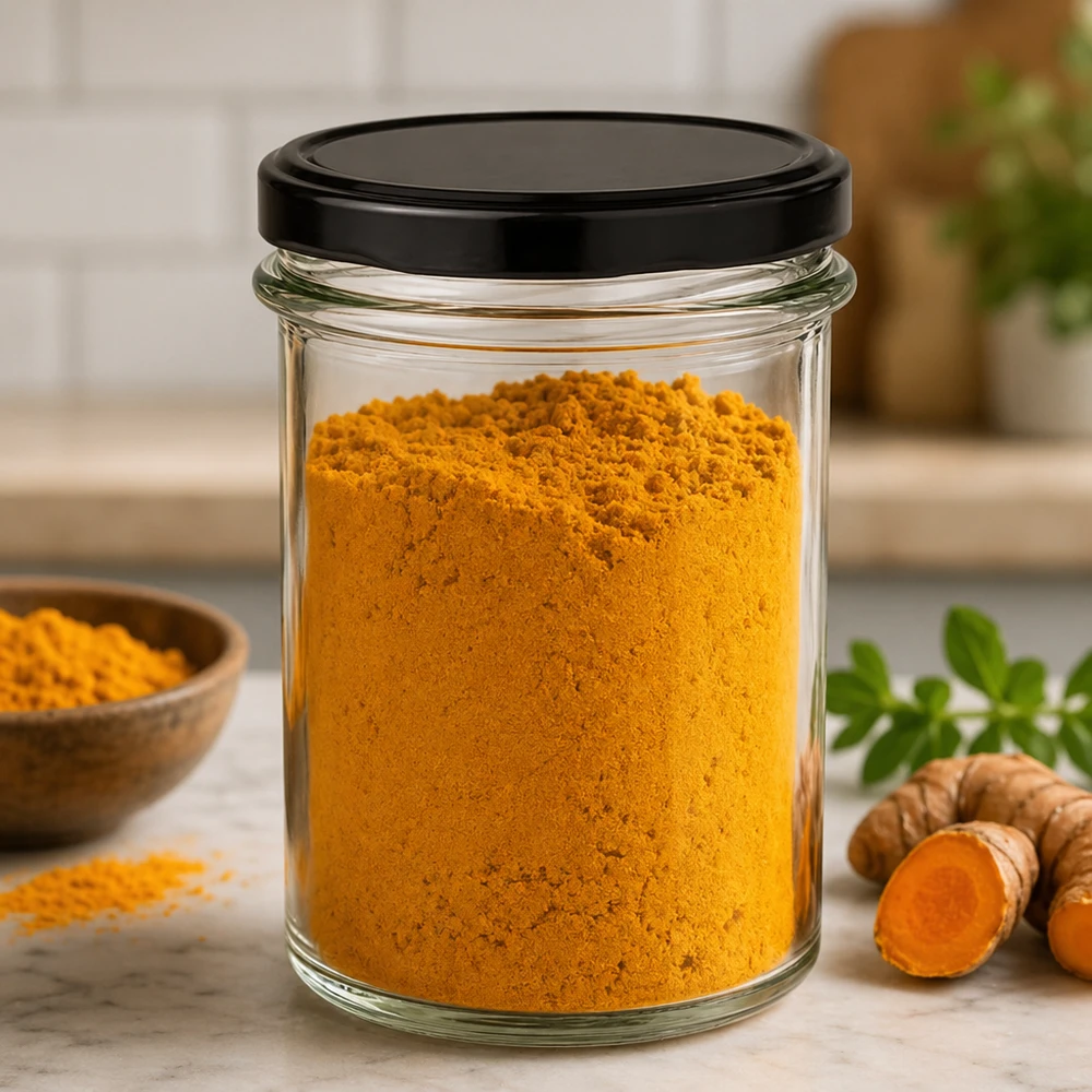 230ml tumblery s víčkem BasicSeal černé UNiTWIST. 230ml Sturzglas gefüllt mit Kurkuma Pulver zeigt praktische Verwendung als Gewürz Vorratsbehälter mit schwarzem Deckel