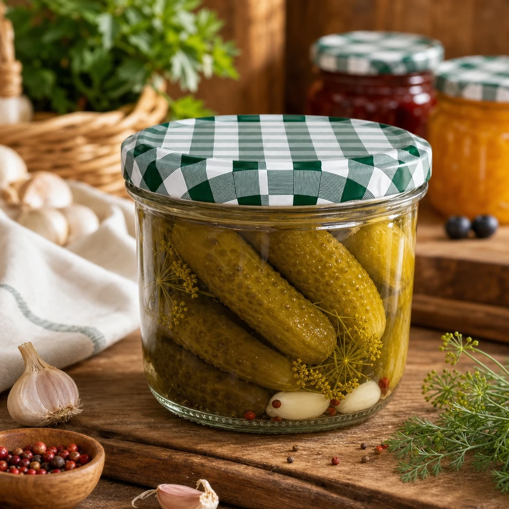 230ml kelímky + víčko BasicSeal zelené/bílé UNiTWIST Sturzglas 230ml Einlegegurken Essiggurken gefüllt BasicSeal Deckel grün-weiß kariert Einmachen Konservieren Dill Knoblau