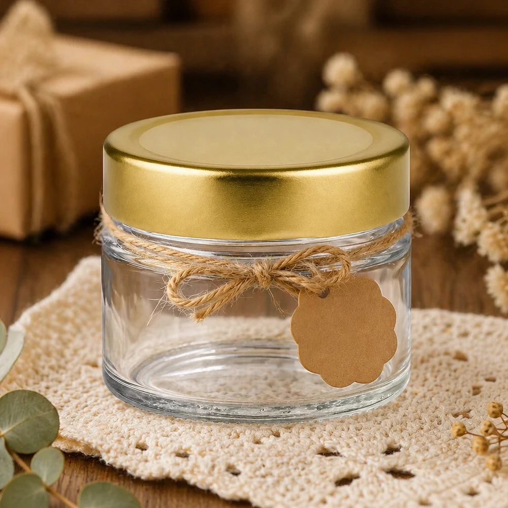 80ml kulatá sklenice s víčkem BasicSeal zlaté hluboké UNiTWIST. 80ml Rundglas mit BasicSeal Deckel gold deep dekorativ auf Häkeldecke mit Juteschleife und Geschenkanhänger