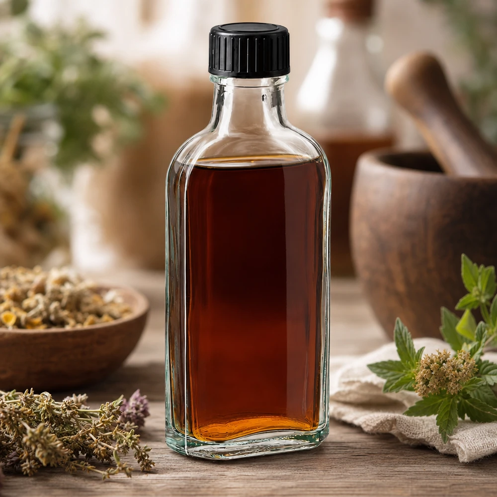 100 ml čirý šroubovací uzávěr Meplat s těsnicím diskem EPE Befüllte 100ml Apothekerflasche mit Lavendel Minze und Kamille auf Holzuntergrund arrangiert